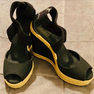 Tory Burch Black Espadrille Wedge Sandals with Natural Jute Trim